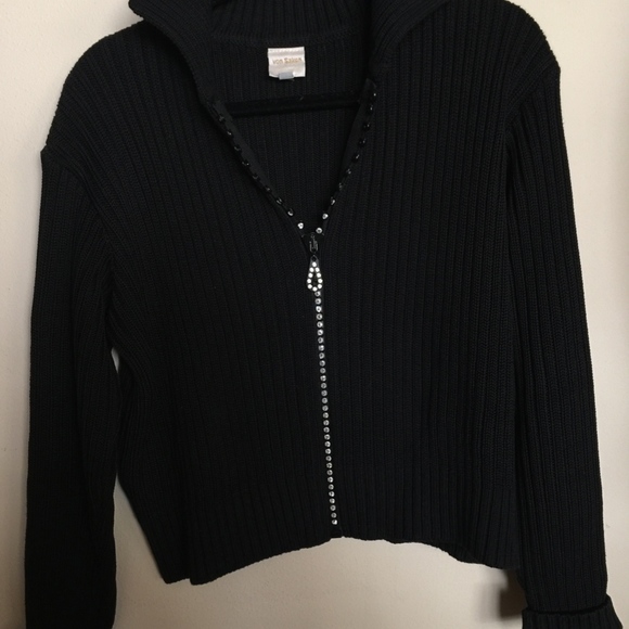 Rhinestone Zippered Black Ribbed Sweater - Picture 5 of 8